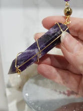 Load image into Gallery viewer, INTUITION / SPIRITUAL AWARENESS / PROTECTION Amethyst Chevron Crystal Point Gold Energy Enhancer / Sun Catcher / Hanger 205mm 9
