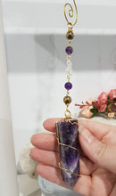 Load image into Gallery viewer, INTUITION / SPIRITUAL AWARENESS / PROTECTION Amethyst Chevron Crystal Point Gold Energy Enhancer / Sun Catcher / Hanger 205mm 9
