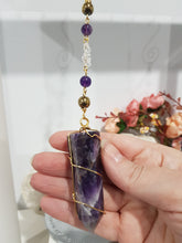 Load image into Gallery viewer, INTUITION / SPIRITUAL AWARENESS / PROTECTION Amethyst Chevron Crystal Point Gold Energy Enhancer / Sun Catcher / Hanger 205mm 9
