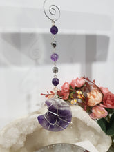 Load image into Gallery viewer, INTUITION / PROTECTION Amethyst Chevron Crystal Moon Silver Energy Enhancer Sun Catcher Hanger 190mm EE34
