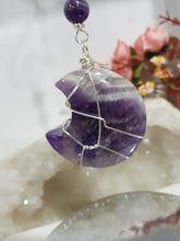 Load image into Gallery viewer, INTUITION / PROTECTION Amethyst Chevron Crystal Moon Silver Energy Enhancer Sun Catcher Hanger 190mm EE34
