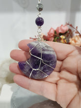 Load image into Gallery viewer, INTUITION / PROTECTION Amethyst Chevron Crystal Moon Silver Energy Enhancer Sun Catcher Hanger 190mm EE34
