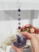 Load image into Gallery viewer, INTUITION / PROTECTION Amethyst Chevron Crystal Moon Silver Energy Enhancer Sun Catcher Hanger 190mm EE34
