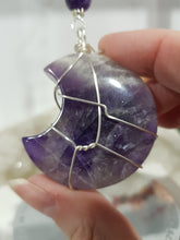 Load image into Gallery viewer, INTUITION / PROTECTION Amethyst Chevron Crystal Moon Silver Energy Enhancer Sun Catcher Hanger 190mm EE34
