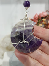 Load image into Gallery viewer, INTUITION / PROTECTION Amethyst Chevron Crystal Moon Silver Energy Enhancer Sun Catcher Hanger 190mm EE34
