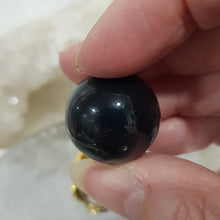 Load image into Gallery viewer, Black Agate Crystal Sphere on Gold Stand Stone Carving 20mm 1
