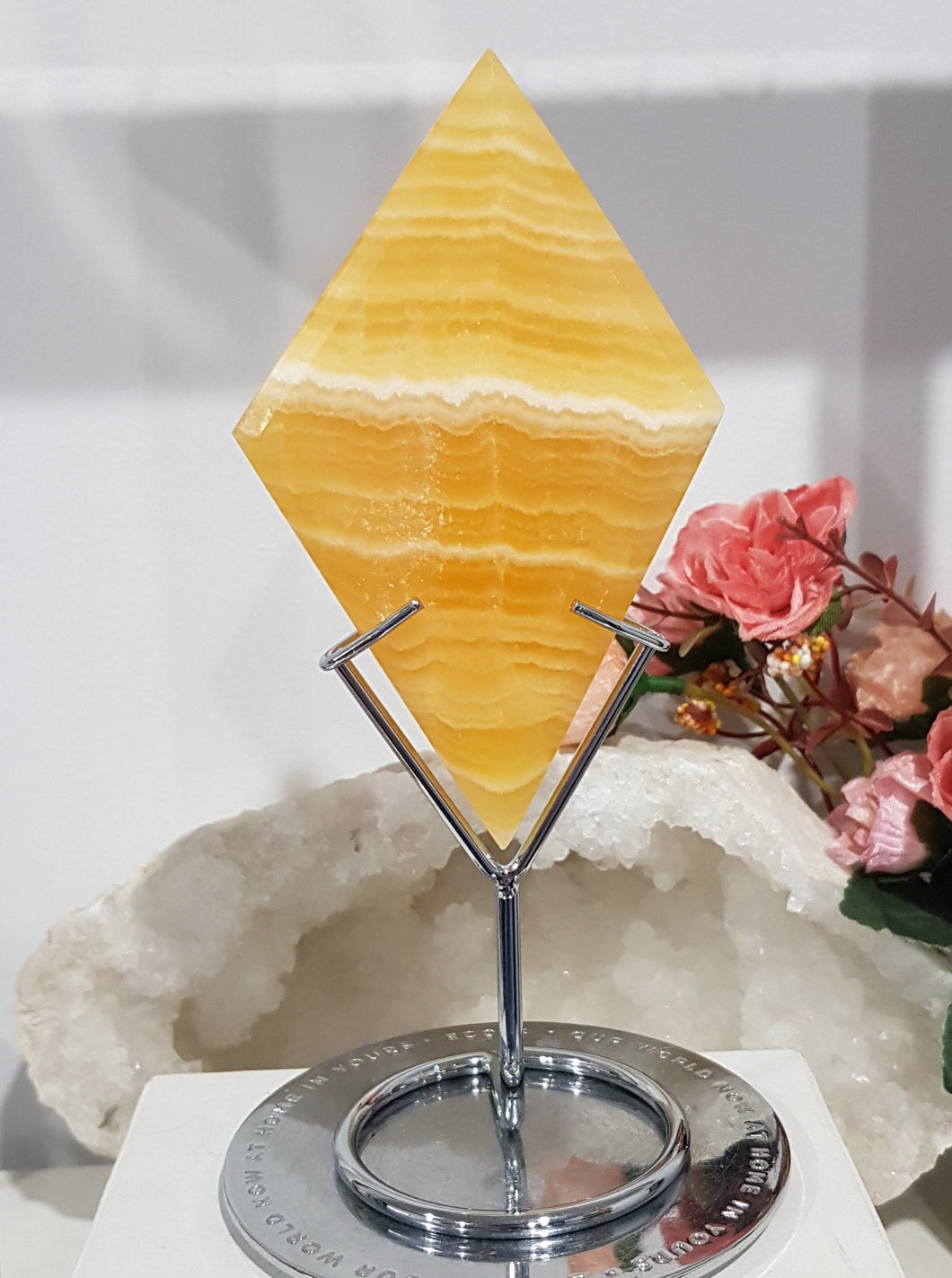 Diamond Orange Calcite Crystal Carving on Silver Stand Stone 180mm 2