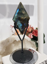 Load image into Gallery viewer, Diamond Labradorite Crystal Carving on Black Stand 180mm 1 LOTS OF FLASH
