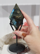 Load image into Gallery viewer, Diamond Labradorite Crystal Carving on Black Stand 180mm 1 LOTS OF FLASH
