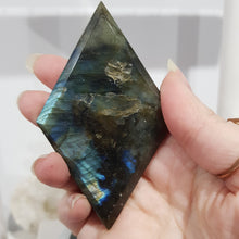 Load image into Gallery viewer, Diamond Labradorite Crystal Carving on Black Stand 180mm 1 LOTS OF FLASH
