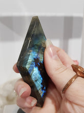 Load image into Gallery viewer, Diamond Labradorite Crystal Carving on Black Stand 180mm 1 LOTS OF FLASH
