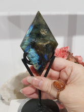 Load image into Gallery viewer, Diamond Labradorite Crystal Carving on Black Stand 180mm 1 LOTS OF FLASH
