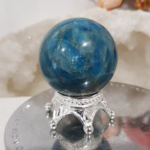 Load image into Gallery viewer, Apatite Sphere Crystal Carving on Silver Stand Stone 38mm 5
