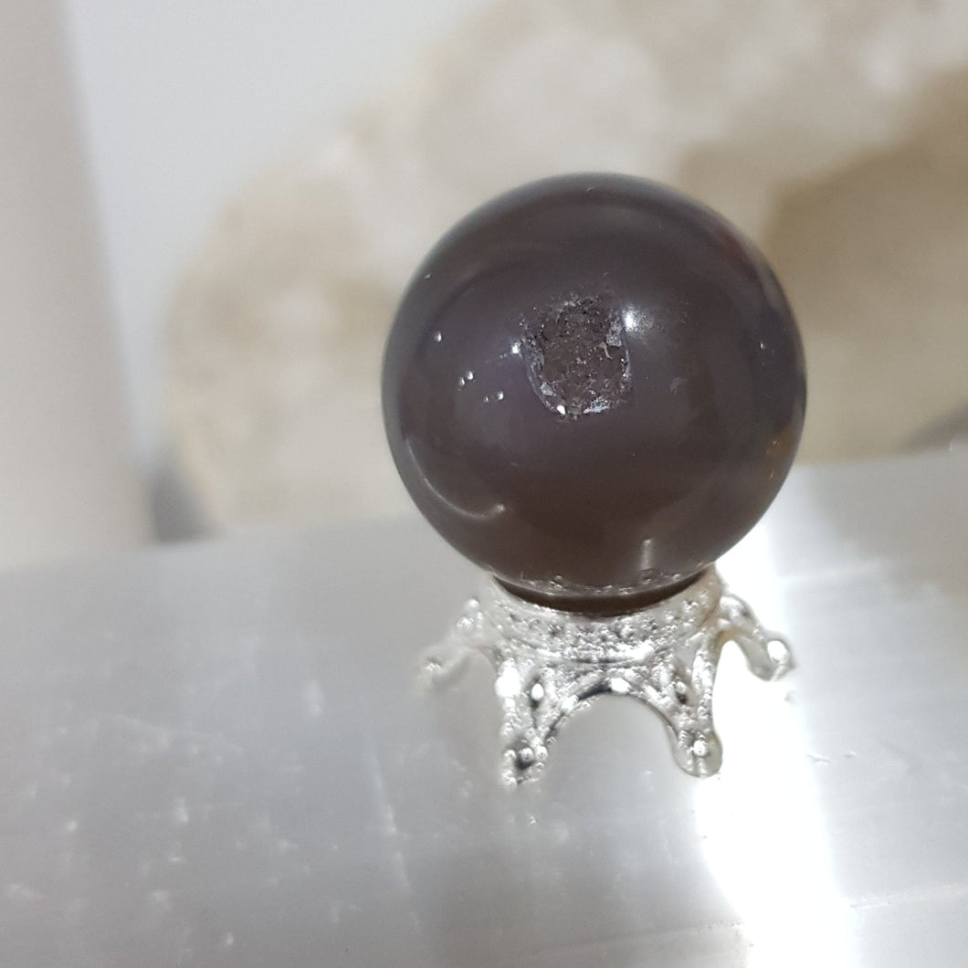 Agate Sphere Crystal Carving on Silver Stand Druzy Stone 20mm 15