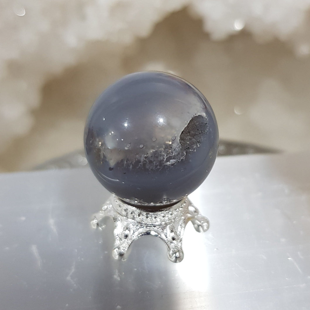 Agate Sphere Crystal Carving on Silver Stand Druzy Stone 20mm 17