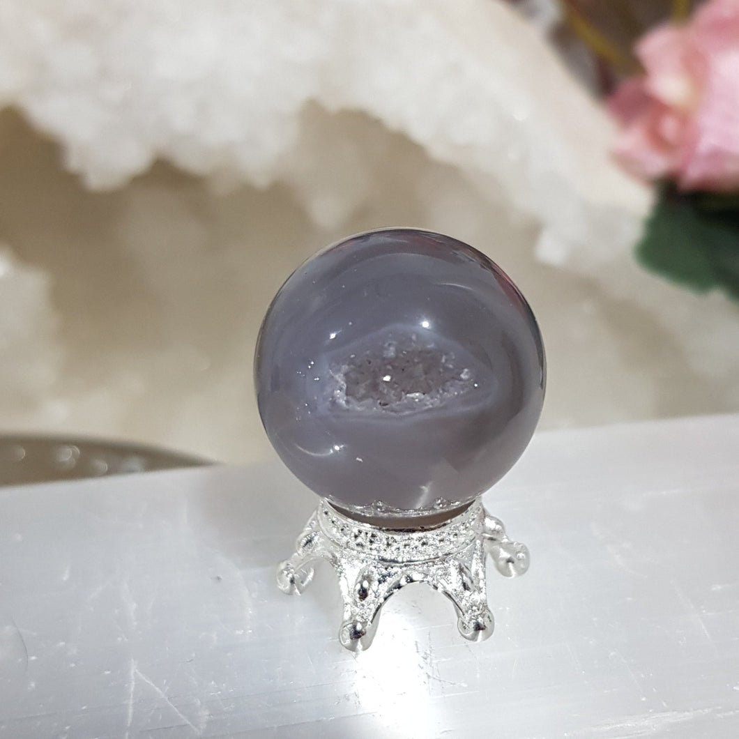 Agate Sphere Crystal Carving on Silver Stand Druzy Stone 20mm 19