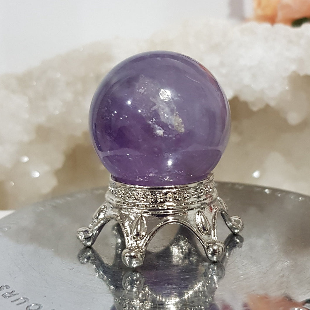 Amethyst Sphere on Silver Stand Crystal Carving Stone 30mm 3