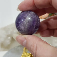 Load image into Gallery viewer, Amethyst Sphere on Gold Stand Crystal Carving Stone 30mm 4
