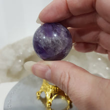 Load image into Gallery viewer, Amethyst Sphere on Gold Stand Crystal Carving Stone 30mm 4
