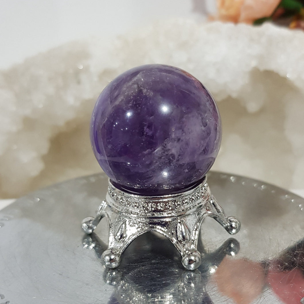 Amethyst Sphere on Silver Stand Crystal Carving Stone 30mm 5