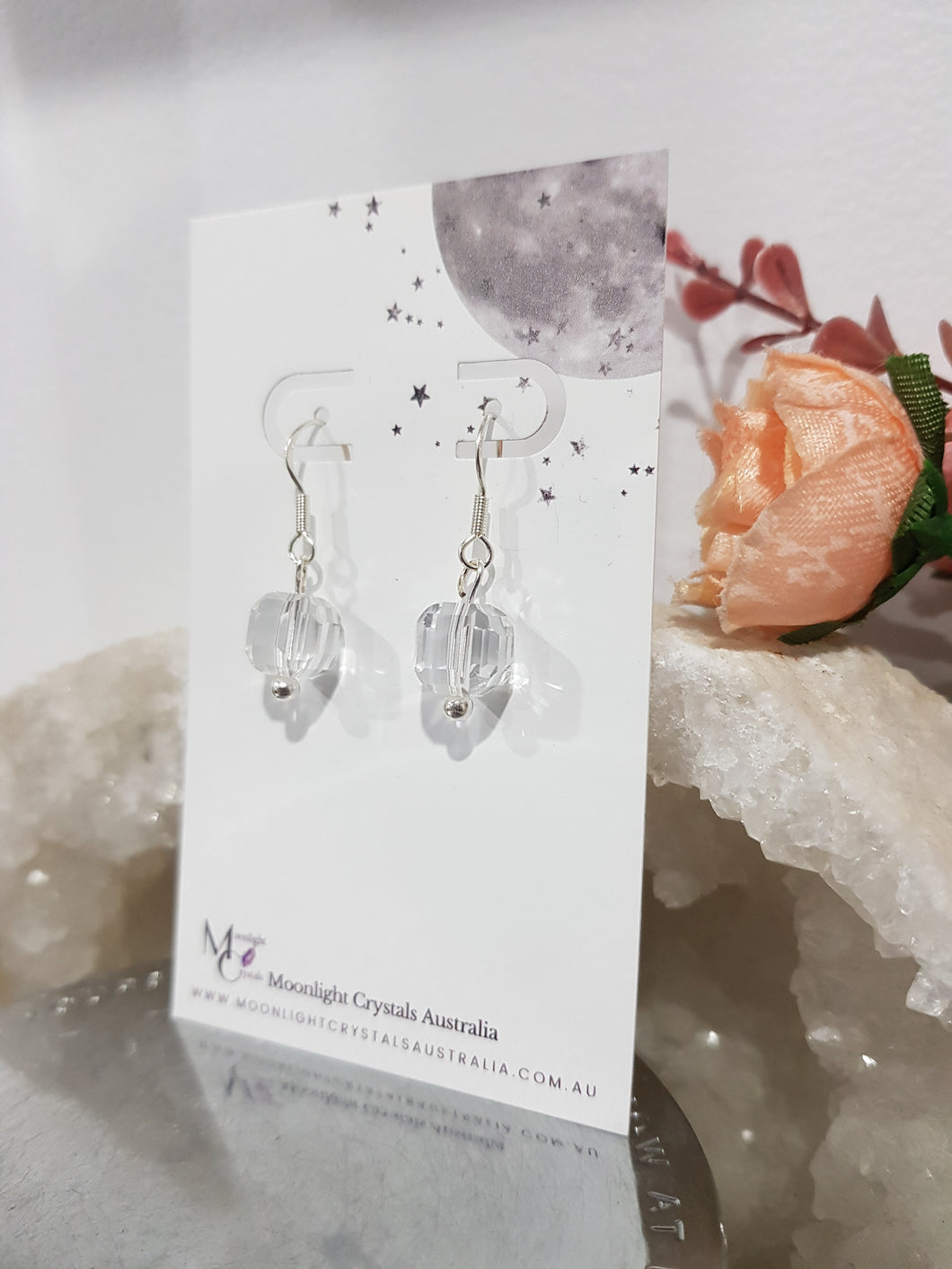 Quartz Crystal Faceted Beaded 10mm Silver Earrings Gemstone E62