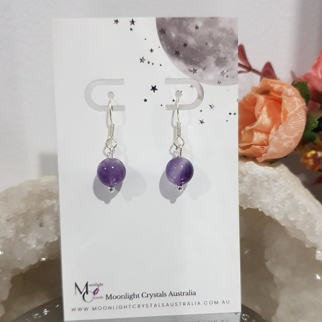 Amethyst Crystal Beaded 8mm Silver Earrings Gemstone E63