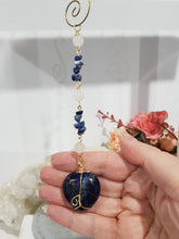 Load image into Gallery viewer, CLARITY / SELF ESTEEM / SPIRITUALITY - Sodalite Crystal Heart Gold Energy Enhancer / Hanger / Sun Catcher 180mm EE36
