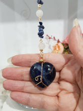 Load image into Gallery viewer, SELF ESTEEM / SELF TRUST / REJUVENATES - Sodalite Crystal Heart Gold Energy Enhancer / Hanger / Sun Catcher 180mm EE36
