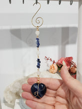 Load image into Gallery viewer, CLARITY / SELF ESTEEM / SPIRITUALITY - Sodalite Crystal Heart Gold Energy Enhancer / Hanger / Sun Catcher 180mm EE36
