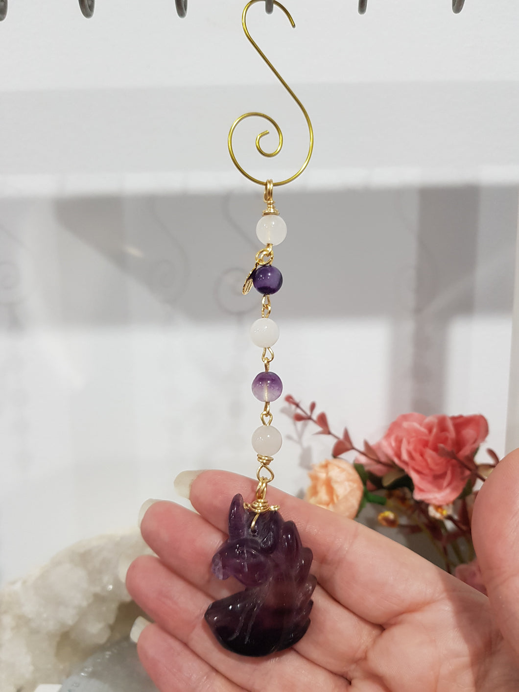 CLARITY / CONCENTRATION / DECISION MAKING - Fluorite Crystal Unicorn Gold Wired Energy Enhancer / Hanger / Sun Catcher 175mm EE39  UNICORN FACE A LITTLE SCUFFED