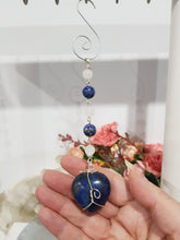 Load image into Gallery viewer, LOVE / HARMONY / INTUITION - Lapis Lazuli Crystal Heart Gold Wired Energy Enhancer / Hanger /  Sun Catcher 175mm EE29
