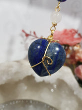 Load image into Gallery viewer, LOVE / HARMONY / INTUITION - Lapis Lazuli Crystal Heart Gold Wired Energy Enhancer / Hanger /  Sun Catcher 175mm EE29
