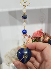 Load image into Gallery viewer, LOVE / HARMONY / INTUITION - Lapis Lazuli Crystal Heart Gold Wired Energy Enhancer / Hanger /  Sun Catcher 175mm EE29
