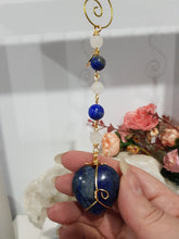 Load image into Gallery viewer, LOVE / HARMONY / INTUITION - Lapis Lazuli Crystal Heart Gold Wired Energy Enhancer / Hanger /  Sun Catcher 175mm EE29
