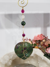 Load image into Gallery viewer, FOCUS / COURAGE / STRENGTH - Ruby Zoisite Crystal Heart Gold Wired Stone Energy Enhancer / Hanger / Sun Catcher 190mm EE21
