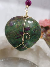 Load image into Gallery viewer, FOCUS / COURAGE / STRENGTH - Ruby Zoisite Crystal Heart Gold Wired Stone Energy Enhancer / Hanger / Sun Catcher 190mm EE21
