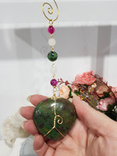 Load image into Gallery viewer, FOCUS / COURAGE / STRENGTH - Ruby Zoisite Crystal Heart Gold Wired Stone Energy Enhancer / Hanger / Sun Catcher 190mm EE21
