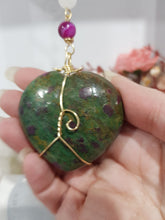 Load image into Gallery viewer, FOCUS / COURAGE / STRENGTH - Ruby Zoisite Crystal Heart Gold Wired Stone Energy Enhancer / Hanger / Sun Catcher 190mm EE21
