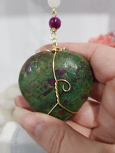 Load image into Gallery viewer, FOCUS / COURAGE / STRENGTH - Ruby Zoisite Crystal Heart Gold Wired Stone Energy Enhancer / Hanger / Sun Catcher 190mm EE21
