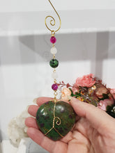 Load image into Gallery viewer, FOCUS / COURAGE / STRENGTH - Ruby Zoisite Crystal Heart Gold Wired Stone Energy Enhancer / Hanger / Sun Catcher 190mm EE21
