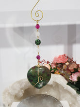 Load image into Gallery viewer, FOCUS / COURAGE / STRENGTH - Ruby Zoisite Crystal Heart Gold Wired Stone Energy Enhancer / Hanger / Sun Catcher 190mm EE21
