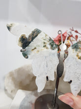 Load image into Gallery viewer, Butterfly Wings on Stand Moss Agate Crystal carving gemstone stone 130mm 3
