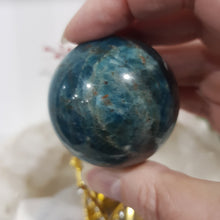 Load image into Gallery viewer, Apatite Sphere Crystal Carving on Gold Crown Stand Stone 45mm 7
