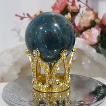 Load image into Gallery viewer, Apatite Sphere Crystal Carving on Gold Crown Stand Stone 45mm 7
