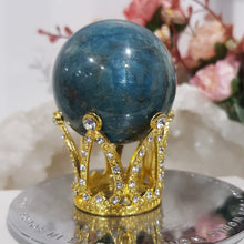 Load image into Gallery viewer, Apatite Sphere Crystal Carving on Gold Crown Stand Stone 45mm 7
