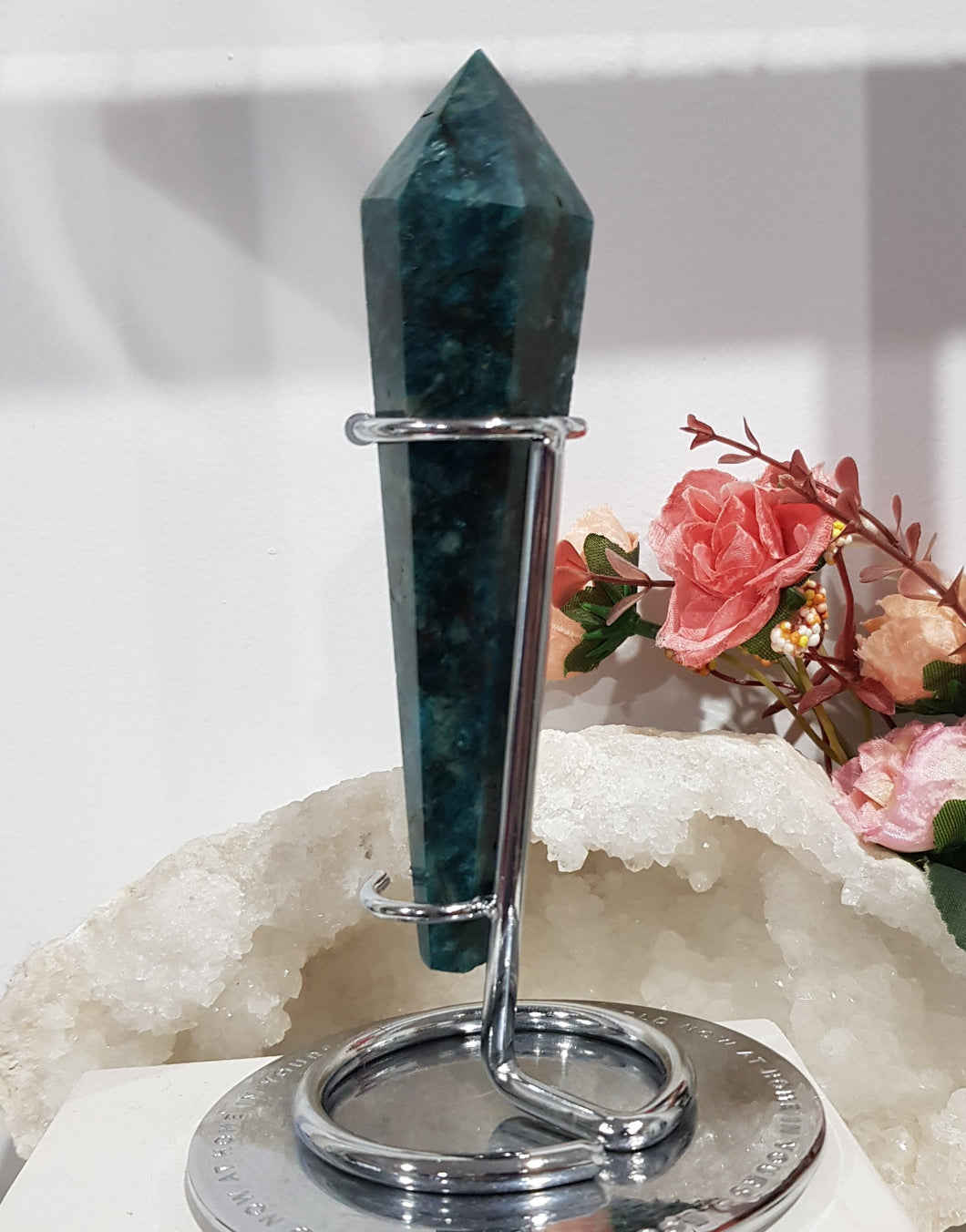 Apatite Sceptor on Silver Stand Crystal Carving Stone 155mm 1