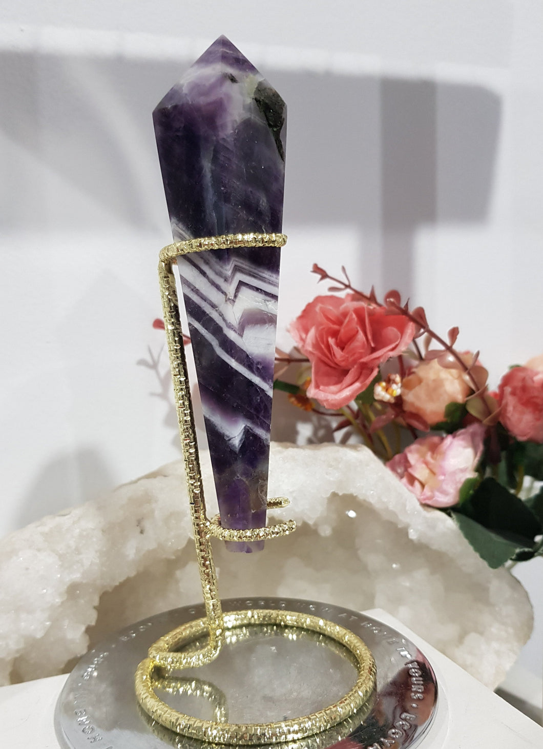 Amethyst Crystal Chevron Sceptor on Gold Stand Crystal Carving Stone 165mm 3 STUNNING