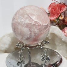 Load image into Gallery viewer, Pink Opal Sphere Crystal Carving on Silver Stand Stone 60mm 1
