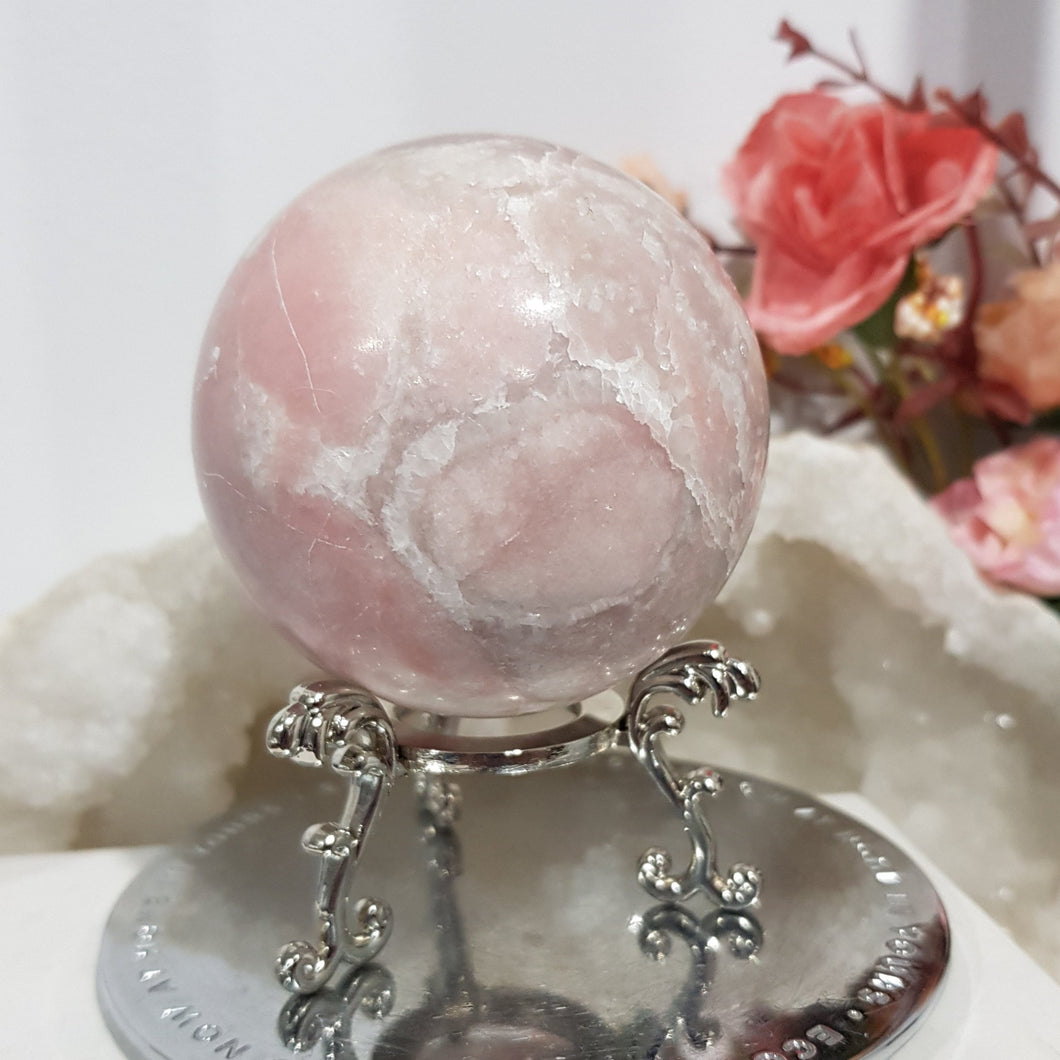 Pink Opal Sphere Crystal Carving on Silver Stand Stone 60mm 1