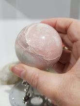 Load image into Gallery viewer, Pink Opal Sphere Crystal Carving on Silver Stand Stone 60mm 1
